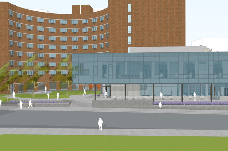 South Eleveation of Bentley Hall that includes Calhoun Hall and the new, two-story edition.