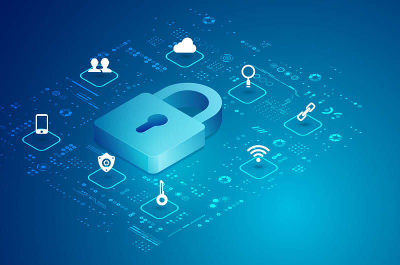 blue rendering of a lock with data surrounding it
