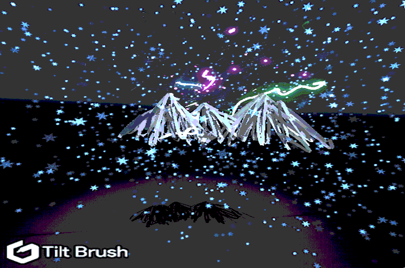 GIF image of virtual reality artwork featuring a doodle of mountain with snowflakes and squiggles.