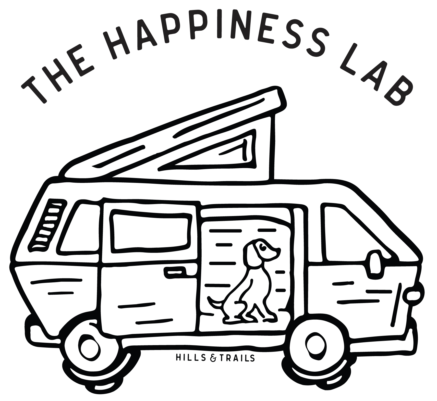 The Happiness Lab logo drawn with a dog sitting in a van.