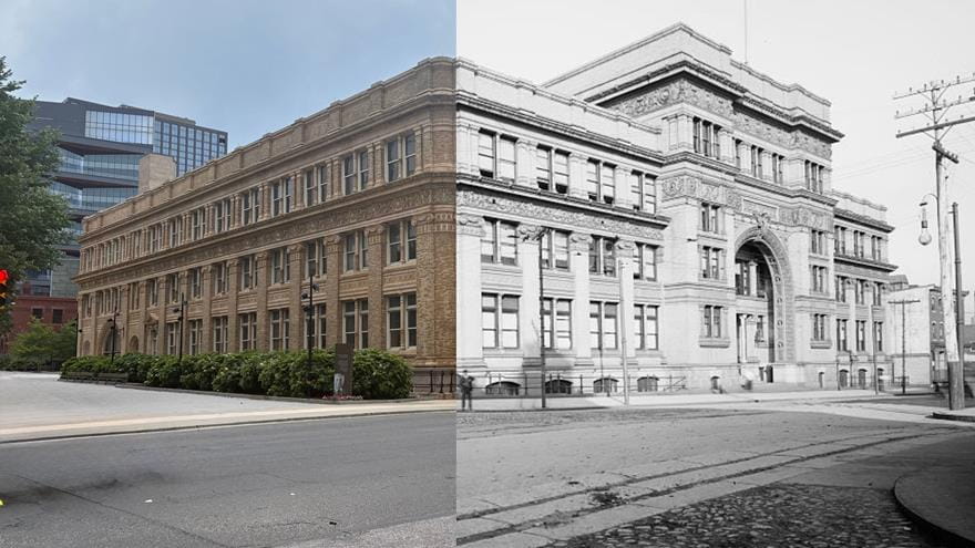 A photo compostie of Drexel&#39;s Main Building using an archival black-and-white photo and a modern-day color photo.