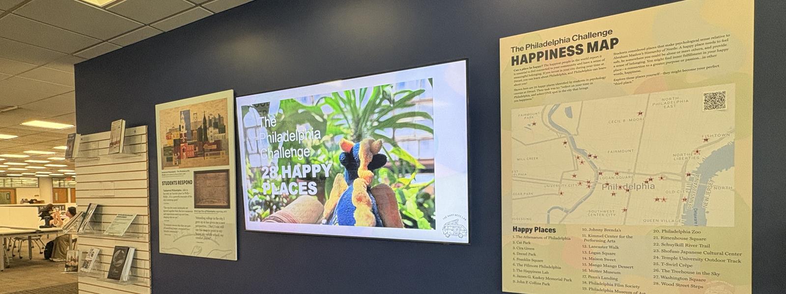 a screen with &#39;The philadelphia Challenge&#39; on a wall with posters