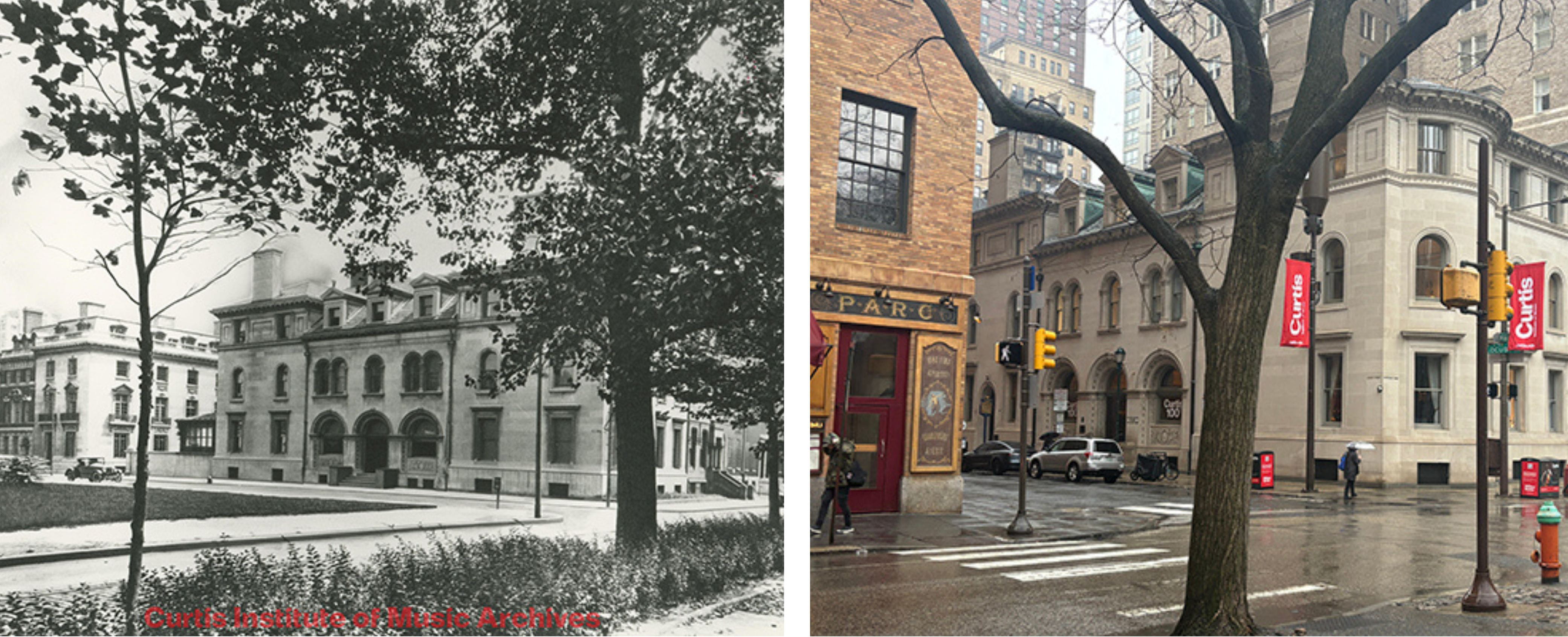 The former George W. Childs Drexel mansion is the center building, with the arched street-level windows, and is now the main building of the Curtis Institute of Music. The photo on the left, which was taken at the school’s 1924 opening, is credited to the Curtis Institute of Music Archives.