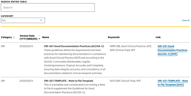 Screenshot of new ORI Compliance Table
