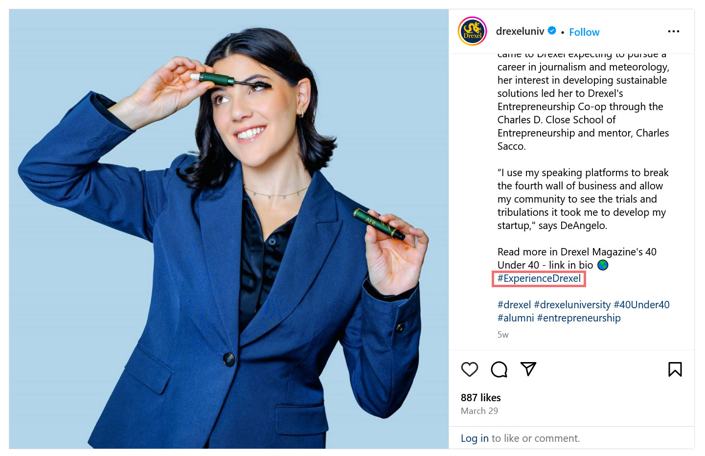 Drexel instagram post: spotlight on student Paige Deangelo who started a sustainable cosmetics company