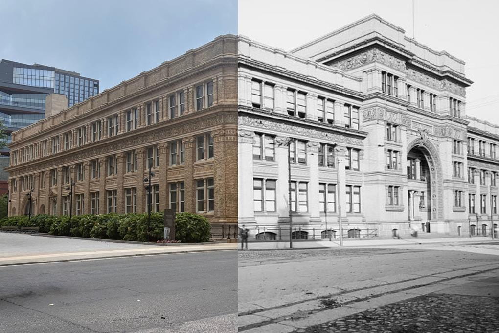 A photo compostie of Drexel&#39;s Main Building using an archival black-and-white photo and a modern-day color photo.